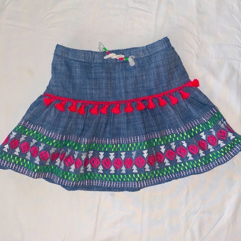 Cat & Jack Denim Patterned Skirt with Pink Fringe S